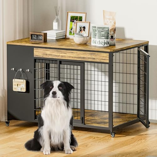 Hugcoz 38 Dog Crate Furniture - Dog Crate with DIY Frame, Sliding Door Indoor Kennel, Wooden Dog Cage End Table, for Medium/Large Breed, Rustic Brown Size L