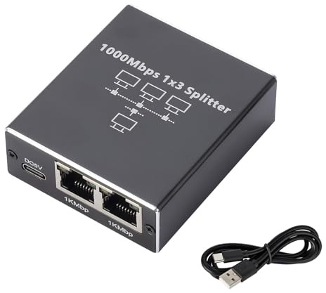 Ethernet Splitter 1 to 3, 1000Mbps Ethernet Switch High Speed LAN 3 Port Network, Gigabit with USB C Power Cable for Computers, Routers, Hubs, Set-Top Boxes, Digital TV, Plug and Play, Expand Ports