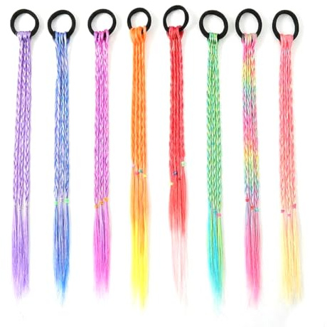 AEUXZA 32 Mèches de Cheveux Colorées pour Filles, 8 Tresses avec Élastiques, 40 cm Accessoires Cheveux Enfant pour Fête, Carnaval & Anniversaire, 8 Couleurs