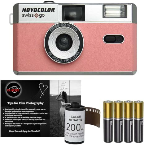 35mm Film Camera Bundle Includes Swiss+Go Novocolor Analogue Film Camera with 35mm 24 EXP Film, Super Alkaline AAA Batteries and Clikoze Film Photography Tips Card (Pink)