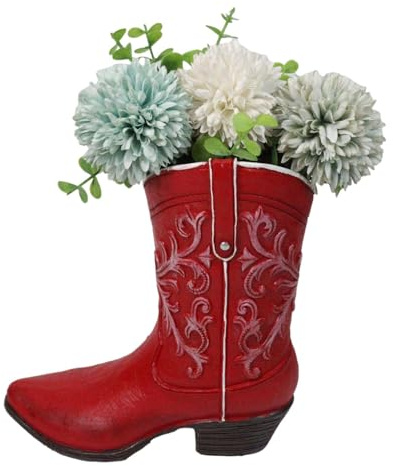 Ebros Gift Rustic Western Country Floral Red Faux Tooled Leather Cowgirl Or Cowboy Boot Decorative Utensil Holder Flower Vase Or Planter Figurine 7 High Southwestern Centerpiece Accent