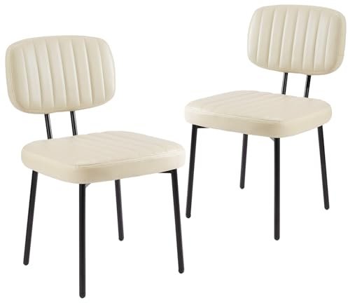 Sweetcrispy Dining Chairs Set of 2, Upholstered Mid Century Modern Kitchen Accent Chairs with Faux Leather Cushion Seat & Metal Legs for Home Office, Living Room-Beige White