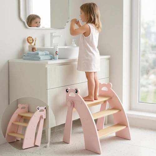 Tritthocker für Kinder Holz, 3 Stufen Kinderschemel, Trittschemel für Baby, Faltbar, Multifunktional, für Bad, Kleinkinderzimmer, Küche, Rosa