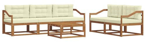 Qnhdfrt Divano da esterno in legno di acacia massiccio, set di mobili da giardino modulare con tavolo e cuscini, set lounge per terrazza, giardino e piscina, naturale e crema