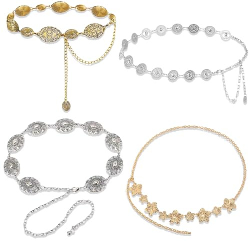 YinnFeen 4 Stück Gürtel Gold Silber, Einstellbarer Kettengürtel für Damen, Gürtel Kette Western Cowboy Taillenkette Verstellbarer Metallgürtel für Damen Festival Alltag Kleider Jeans