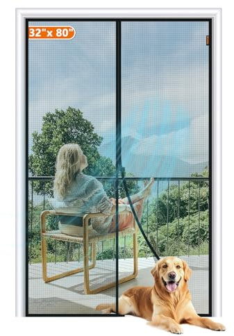 MAGZO Magnetic Screen Door Fit Door Size 32 x 80 Inch, Screen Size 34 x 81 Strong Magnets Door Mesh, Reinforced Fiberglass Door Net for Front, Gray