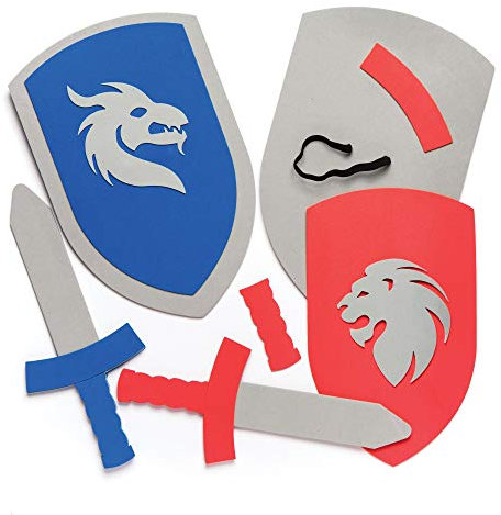 Baker Ross AR456 Ross Moosgummi-Bastelsets Schwert & Schild für Kinder zum Basteln – Kreative Moosgummi-Bastelsets für Kinder (2 Stück), 28cm & 27cm, Weiß