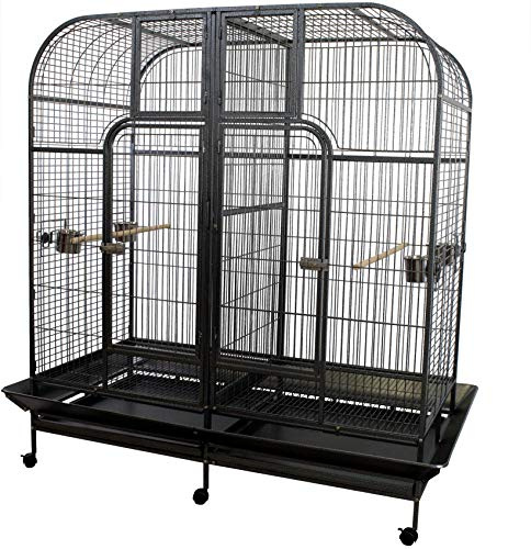 Pet's Solution - Grande Voliera Pappagallo con Divisorio, per Uccelli di Grandi Dimensioni, con Posatoi, Ciotole e Ruote, Nera - 180x100x186 cm