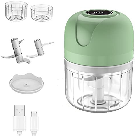 Mini coupe-ail électrique, robot culinaire sans fil portable, mixeur 250 ml Mini coupe-ail pour ail, légumes, fruits, oignons, viande, salades, aliments pour bébés (vert double couteau double tasse)