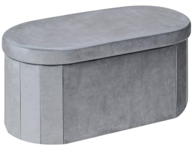 Bonlife Velvet Ottoman Storage Bench, Foldable Storage Chest with Lid,Oval Footstool for Living Room Bedroom Hallway, 76x38x38cm, Grey