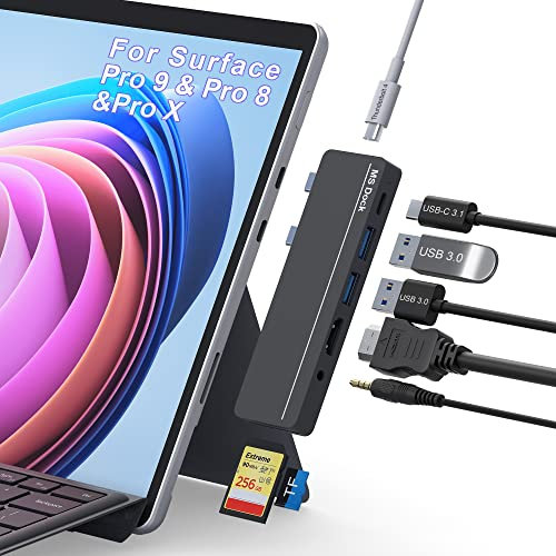 Surface Pro 11/10/9 Zubehör mit 4K HDMI, 100 W USB C Thunderbolt 4 (Display + 40 Gbit/s + PD), USB C, Audio, 2* USB A 3.0, TF/SD-Karte, Triple Display Dockingstation für Microsoft Surface Pro 11/10/9