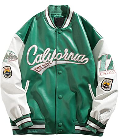 ORANDESIGNE Chaqueta de Béisbol para Mujer Chaqueta de Bombardero Hombre Chaqueta de Chándal College Oversized Patchwork Bordado de Letras Vintage Abrigo de Béisbol Sweat Jacket D Verde XS