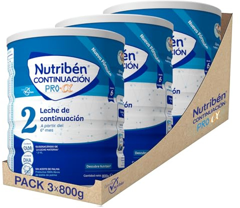 Nutribén Continuación Pro Alfa 2 - Leche en Polvo Bebé Continuación - Leche de Fórmula a Partir de los 6 Meses - sin Aceite de Palma - con Cacito Dosificador Incluido - con DHA y OLM - 3 Botes de 800g