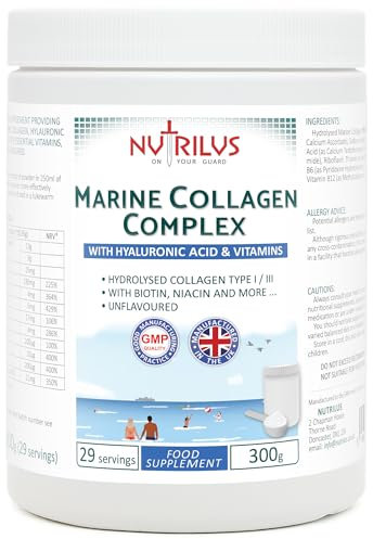 Nutrilus Hydrolysed Marine Collagen Powder 300g with Hyaluronic Acid and Vitamins - 29 Servings - with Biotin, Folic Acid, B12 & More - High Protein - for Skin, Hair, Nails, Joints (Neutral)