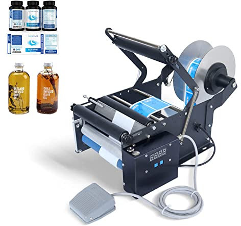 Electric Round Bottle Labeling Machine 30 pcs/min Glass Plastic Bottle Label Applicator Bottle Labeler for 15-100mm Diameter, Sticker Label Printer Packing Machine with Foot Pedal