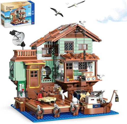 QLT QIAOLETONG 2100PCS Fishermans Wharf Architecture Klemmbausteine Bausteine,Creative Fishing Village Store Haus Mini Bausteine deko Geschenk für Erwachsene und Mädchen ab 14+Jahren