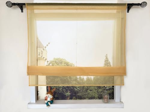Devola Raffrollo Einfarbig Voile Raffgardinen Küchengardinen Transparent Bändchenrollo mit Tunnelzug Fertiggardinen Moder HxB 140x120cm Gelb 1 Stück