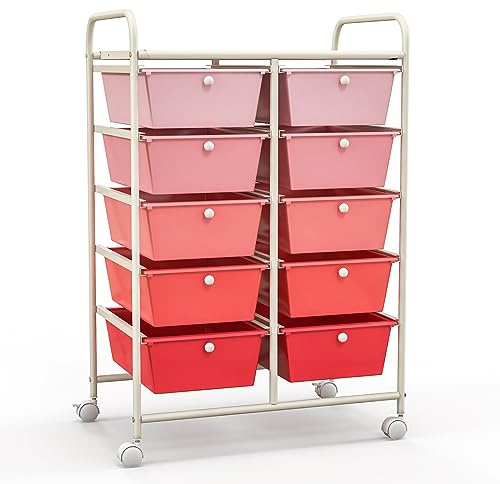 KOMFOTTEU Rollwagen mit 10/15 Schubladen stapelbar, Badrollwagen Rollcontainer mit Metallrahmen, Allzweckwagen Haushaltswagen Beistellwagen für Bad & Küche (Rosa,10 Schubladen)