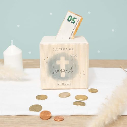 Spardose Taufe - Personalisierte Holzspardose - Geschenk zur Taufe, Taufgeschenk für Mädchen & Jungen - Sparschwein - hellomini (Kreuz Blau)