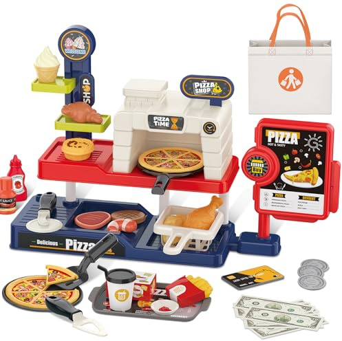 deAO Pizza Toys Set for Kids, 66 PCS Pretend Food Play Set with Toy Pizza Oven & Cash Register, Plastic Kitchen Accessories Role Play Set with Steak, Fries and Fried Chicken