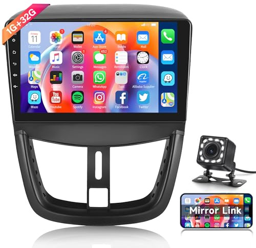1G+32G Android 13 Radio de Coche 2 DIN para Peugeot 207 2006-2015 con GPS Navi WiFi 9 Pulgadas Radio Coche con Mirror Link Bluetooth FM/RDS/EQ/Dab+/USB/OBD2/DVR Controles en el Volante Cámara Trasera