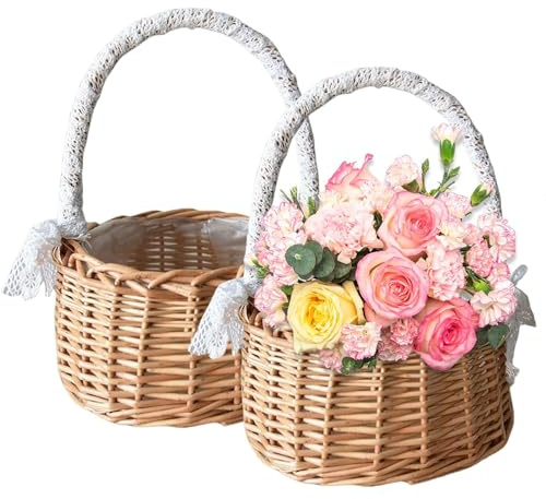 2 Stück Wicker Rattan, Hochzeit Blumenmädchen Korb mit Schleife, Osterkörbchen Mit Henkel, Gewebte Körbe, Kleiner Weidenkorb, Blumenmädchenkorb mit Griff Weidenkorb Korb Rattan