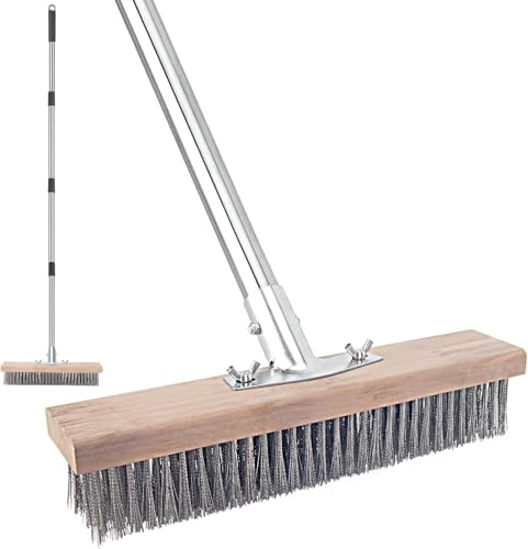 Cepillo de alambre de acero inoxidable con mango largo para cubierta, hormigón, limpieza de suelos de patio, escoba de cerdas de metal rígido resistente para jardín al aire libre, algas de musgo,