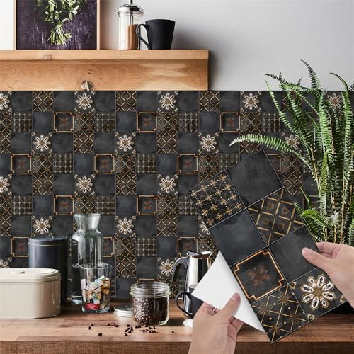 Piastrelle Adesive Cucina 14x28cm Nero Marrone Marocco Piastrelle Adesive Bagno Impermeabile Pavimento pvc Adesivo Mobili Decorazione Mattonelle Adesive Antiolio Piastrelle Adesive (7 Pezzi)