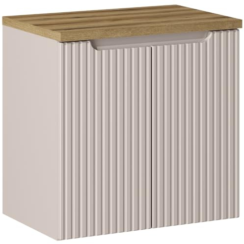 Lomadox Mobile lavabo da bagno, 60 cm, cashmere e quercia, frontale scanalato, 2 ante con chiusura morbida, 1 ripiano