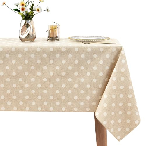 WenYa Polka Dot Tablecloth Wipe Clean Table Cloth Wipeable PVC Tablecloths Plastic Dinner Cover, Square Waterproof Table Cover Protector for Picnic Party Indoor Outdoor - Beige, 54x54in/137x137cm