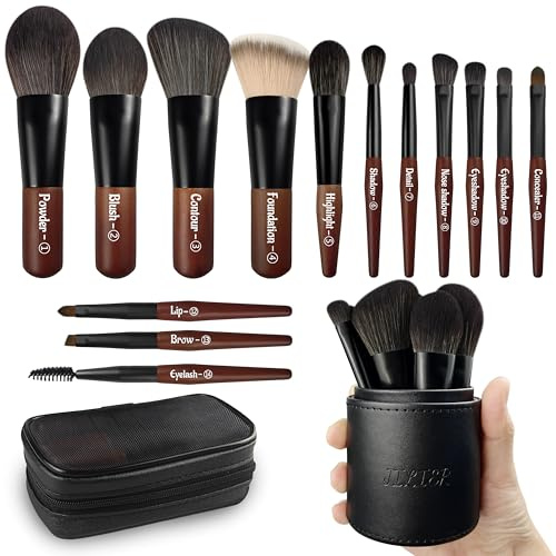 Meet You Travel Mini Pinselset Makeup, 14 Stück Premium Synthetik Make up Pinsel Set, Makeup Pinsel in Reisegröße und Kosmetiktasche, Perfekt für Reisen & unterwegs, Holzgriff, 100% Veganer