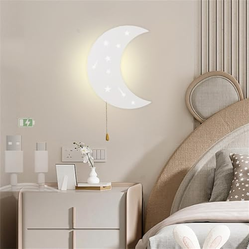 LED Wolken Mond Wandlampe mit Zugschalter Innen Wandleuchte USB Aufladbare Batteriebetrieben Nachtlicht Wandlicht Kinderzimmer Nachttischlampe Wandbeleuchtung für Schlafzimmer (Weiß B,Warmes Licht)
