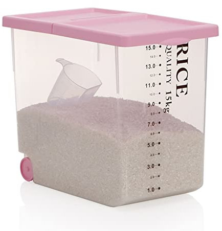 WOTZOV 15kg Capacity Cereal Dispenser, Airtight Food Storage Container W/Wheels, for Dog Food, Cat Food,Cereal, Grain, Flour, Rice, Nuts, Beans,Pink Capacity 15kg