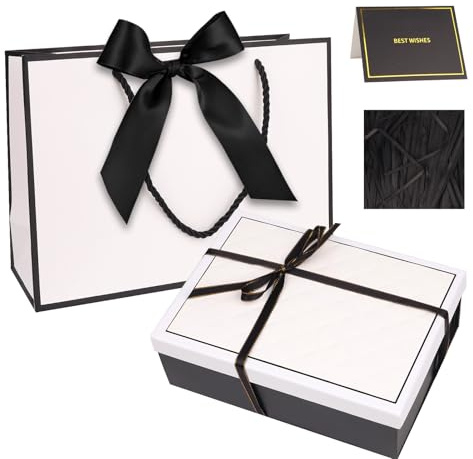 Gift Box Set for Presents, Large Textured Paper Box with Ribbon Gift Bag & Lids, Greeting Card Shredded Paper for Valentine’s Day Mother’s Day Birthday Anniversaries Bridal Party(Black,White)