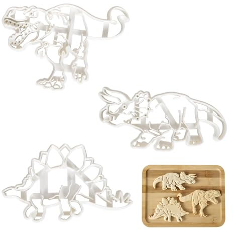 3 Pezzi Tagliabiscotti Dinosauro, Tagliabiscotti Dino Realizzato in PP, Timbro per Biscotti con Disegni di Dinosauri, Stampi per Biscotti 3D Sformatura Senza Sforzo, per Compleanno, Feste, Pasqua