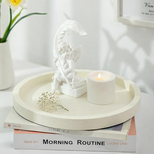 Hanobe Deko Tablett Rund Modern Elfenbein Weiß für Wohnzimmer Couchtisch | Minimalistisch Dekorative Tischtablett Weiss, 30cm Modern Holztablett für Zimmer Tischdeko