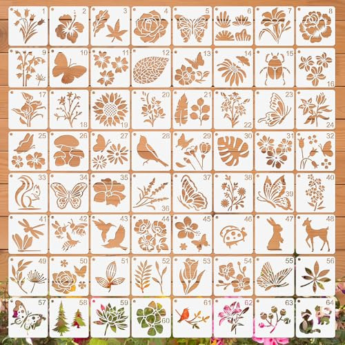 Ferizzia 64 Pezzi Piccoli Stencil per Dipingere, Stencil Template per Pittura Farfalla fiore Uccello, 7.6 x 7.6 cm Riutilizzabili Piante Modelli, per Dipinger, Legna, Scrapbooking, Home Decor