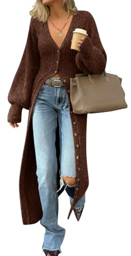 Saodimallsu Womens Long Cardigans V Neck Button Down Chunky Knit Dusters Sweater Coat Fall Trendy Maxi Sweater Dress Brown
