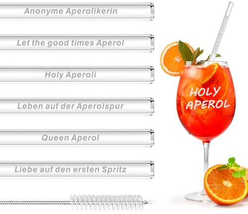 6 Stück Glasstrohhalme Aperol Spritz Glasstrohhalme Lang Aperol Glas Strohhalme Wiederverwendbar Cocktail Strohhalme Glastrinkhalm mit Sprüche für Aperoli Spritz Geschenkset, Cocktails Smoothie Säfte