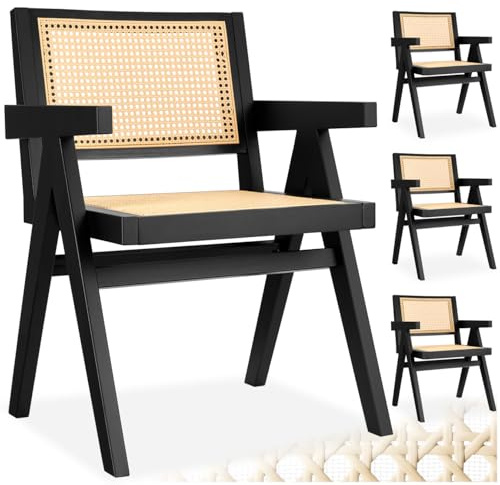 tectake® Esszimmerstühle, Boho Korbsessel Wiener Geflecht, Esstisch Stühle, Essstühle, Küchenstühle 4er Set, Armlehnstuhl, Esszimmer, Sessel Wohnzimmer - schwarz mit Armlehne, 4er Set