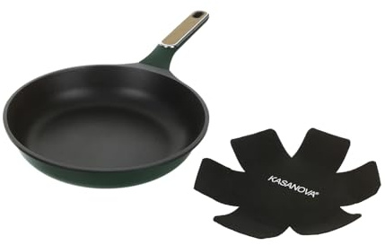 KASANOVA Padella Antiaderente Verde in Alluminio per Induzione – Rivestimento 2 Strati Senza PFOA, Cottura Uniforme, Lavabile in Lavastoviglie, Salvapadella Incluso (28 CM)