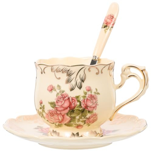 NOLITOY Juego de 3 Tazas de Café y Té Vintage de Cerámica Esmaltada Platillos y Cucharas Color Rosa Capacidad Grande Adecuado para Festivales Oficina y Uso Diario