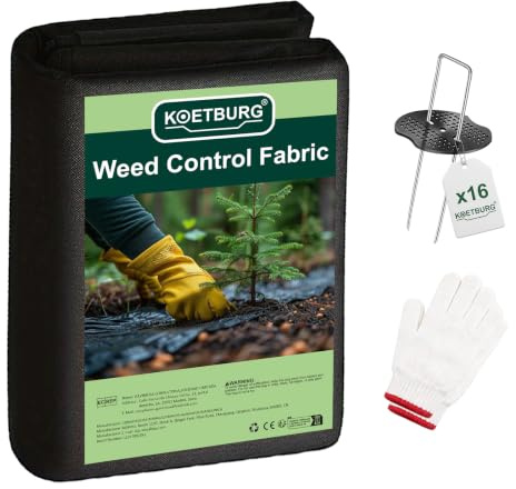 KOETBURG Unkrautvlies 100g/m² Extra Stark – 1m x 10m Unkrautfolie mit versiegelten Kanten – Wasserdurchlässiges Gartenvlies inkl. 16 Erdnägel mit Unterlegscheiben & Handschuhe – UV-Stabil & Reißfest
