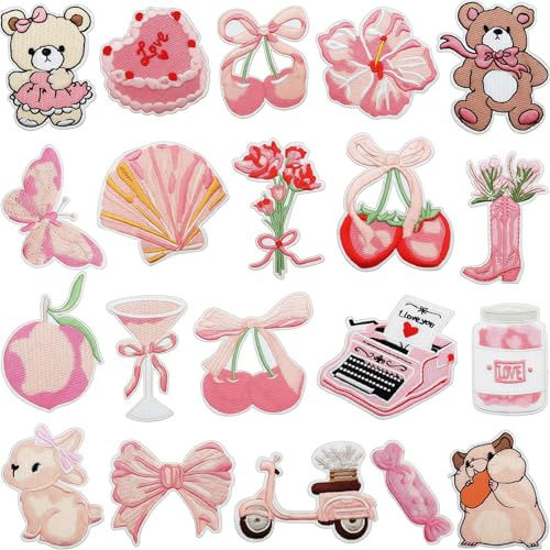 Vesavifaka Pink Coquette Iron On Patches: 20 Pack Cute Girly Aesthetic Embroidery Patches Sewing On Patches for Jackets Jeans Backpacks Hats, DIY Clothing Decoration for Girls Craft - Style A