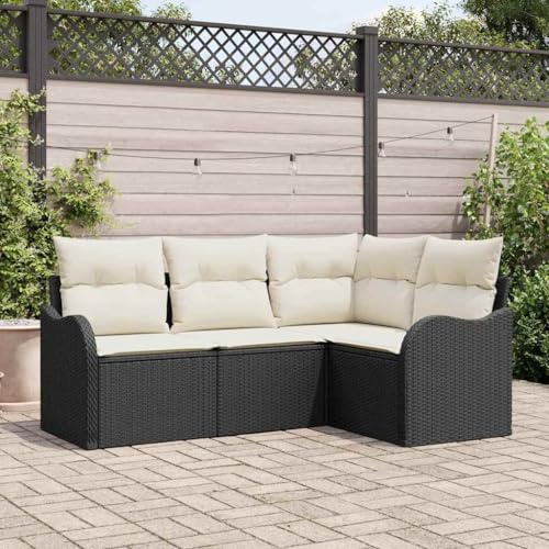 Hoopleep Gartensofa-Set 4-teilig Schwarz aus Poly-Rattan, modulares Outdoor Loungeset für Terrasse und Balkon, UV-beständig und pflegeleicht, inklusive bequemer Kissen