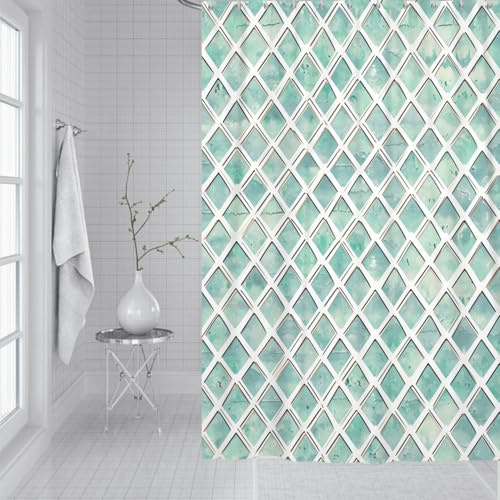 Bovlleetd 180x200cm Cortina de Ducha losa Diamante Verde Menta, diseño geométrico con Rejilla Blanca, Fresca y Minimalista, poliéster Impermeable con Ganchos, baño Limpio