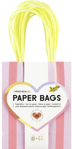 Folia 21226 - Paper Bags Stripes NEON S, 20 Papiertüten aus 110 g/m² FSC-Mix Papier in 4 Farben, ca. 12 x 15 x 5,5 cm, zum Basteln, Verzieren und Verschenken