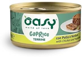 OASY Gatto CAPRICE • Terrina con Pollo e Verdure | alimento umido completo per gatti adulti, con morbidi bocconcini e verdure a pezzetti, 12 lattine da 85 grammi l'una.