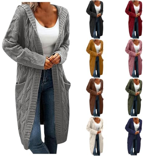 Generisch Cardigan long à capuche pour femme - Manches longues - Avec poches - Grosse maille - Ouvert sur le devant - Pour l'automne et l'hiver - Style décontracté - Couleur unie - Veste demi-saison