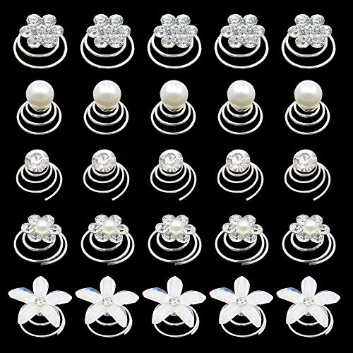 witgift 60 Stück weiße Haarspiralen, Haarspangen, Hochzeits-Haar-Curlies-Perlen, Strass-Haarschmuck, Brautblumen, Kristall-Haarspangen, Haar-Accessoires